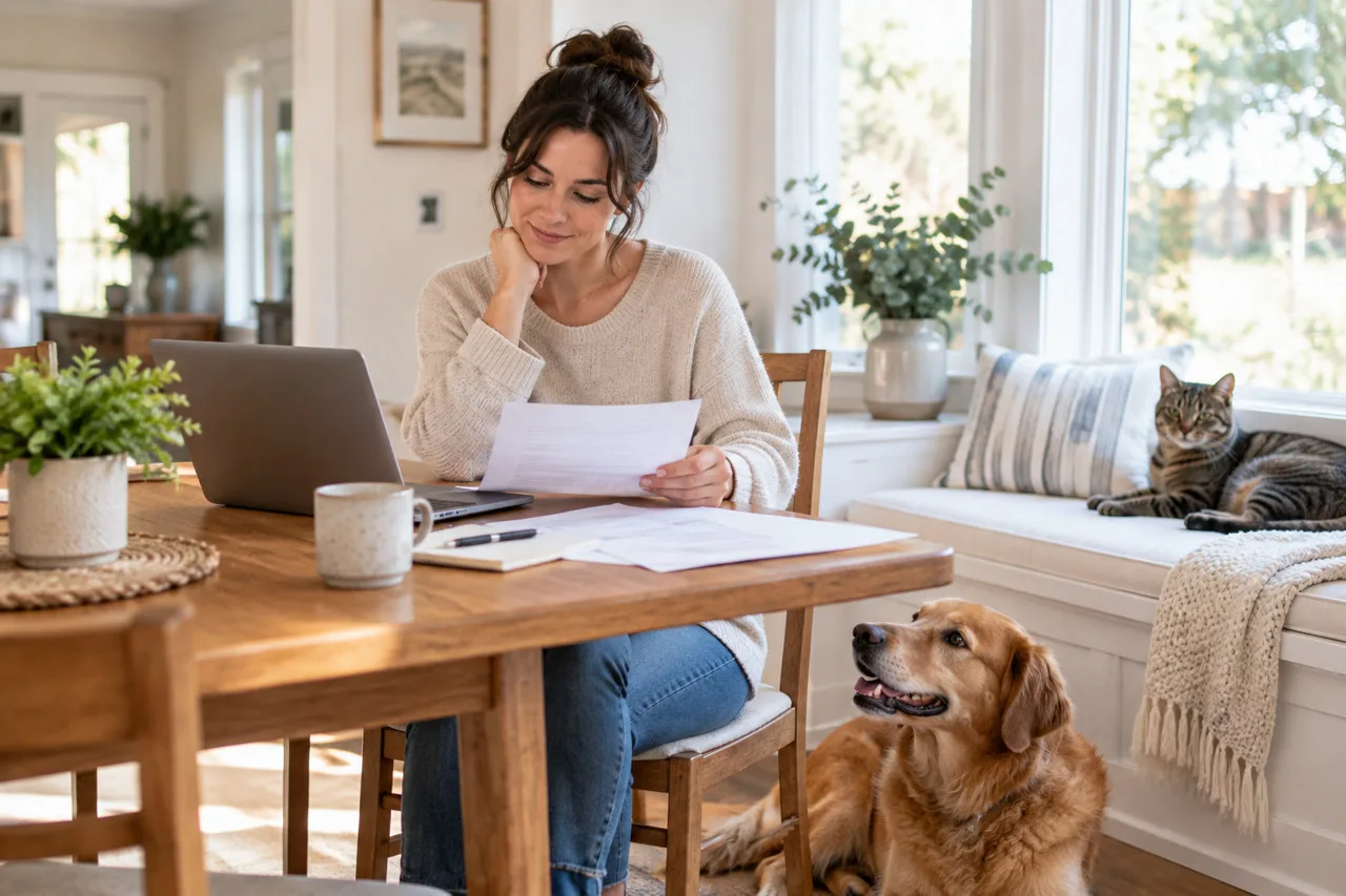 Owner reviewing paperwork at a table with a dog nearby